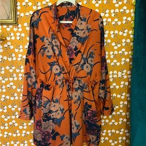 BOOHOO Floral Silky shirt button dress with tie SZ | 12